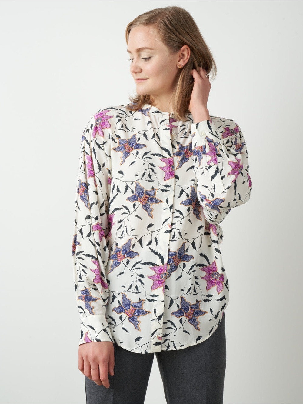 Isabel Marant Ivory Button-Down Shirt with Pink & Blue Floral Print